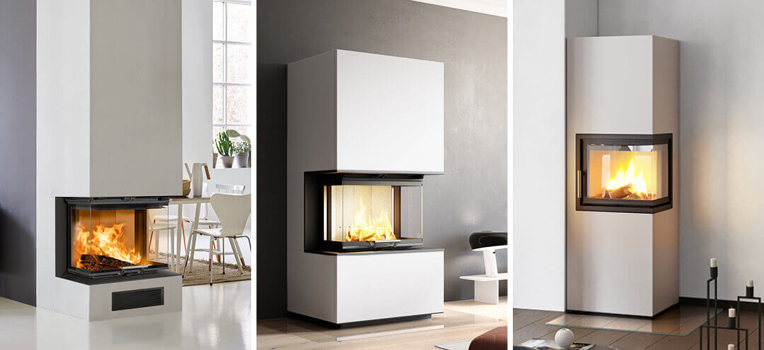 Tredelt billede, der viser forskellige højder, hvor pejseindsatsen kan placeres