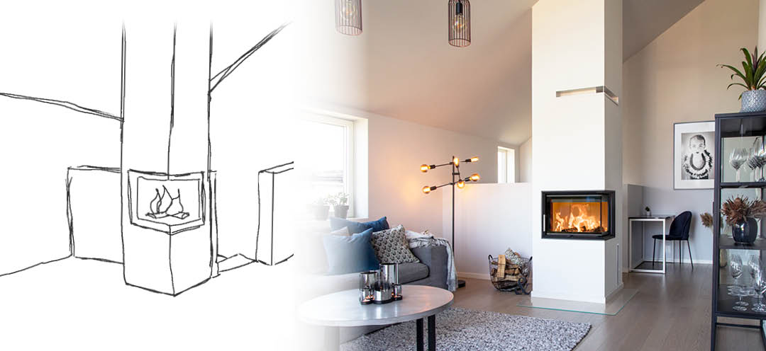 Todelt billede af vejen fra skitse til færdig pejs i en lys stue