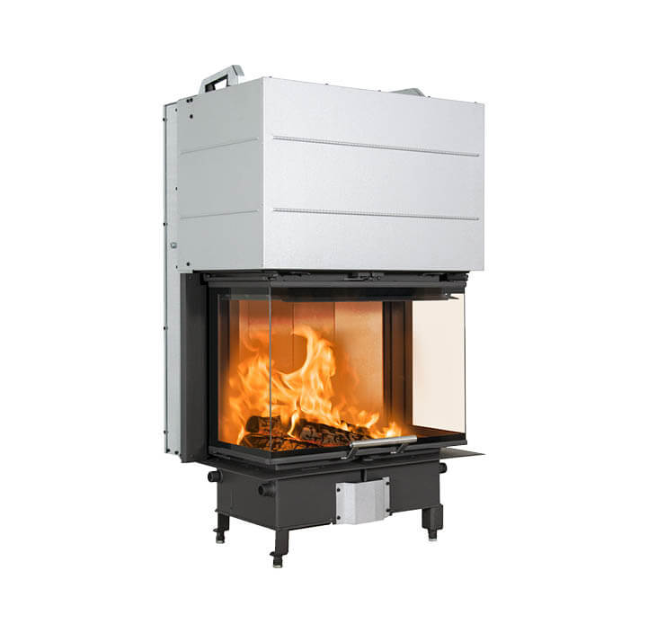 Rektangulær pejseindsats i sort stål Scan 5004 med løftelåge og glas på tre sider og håndtag i børstet stål