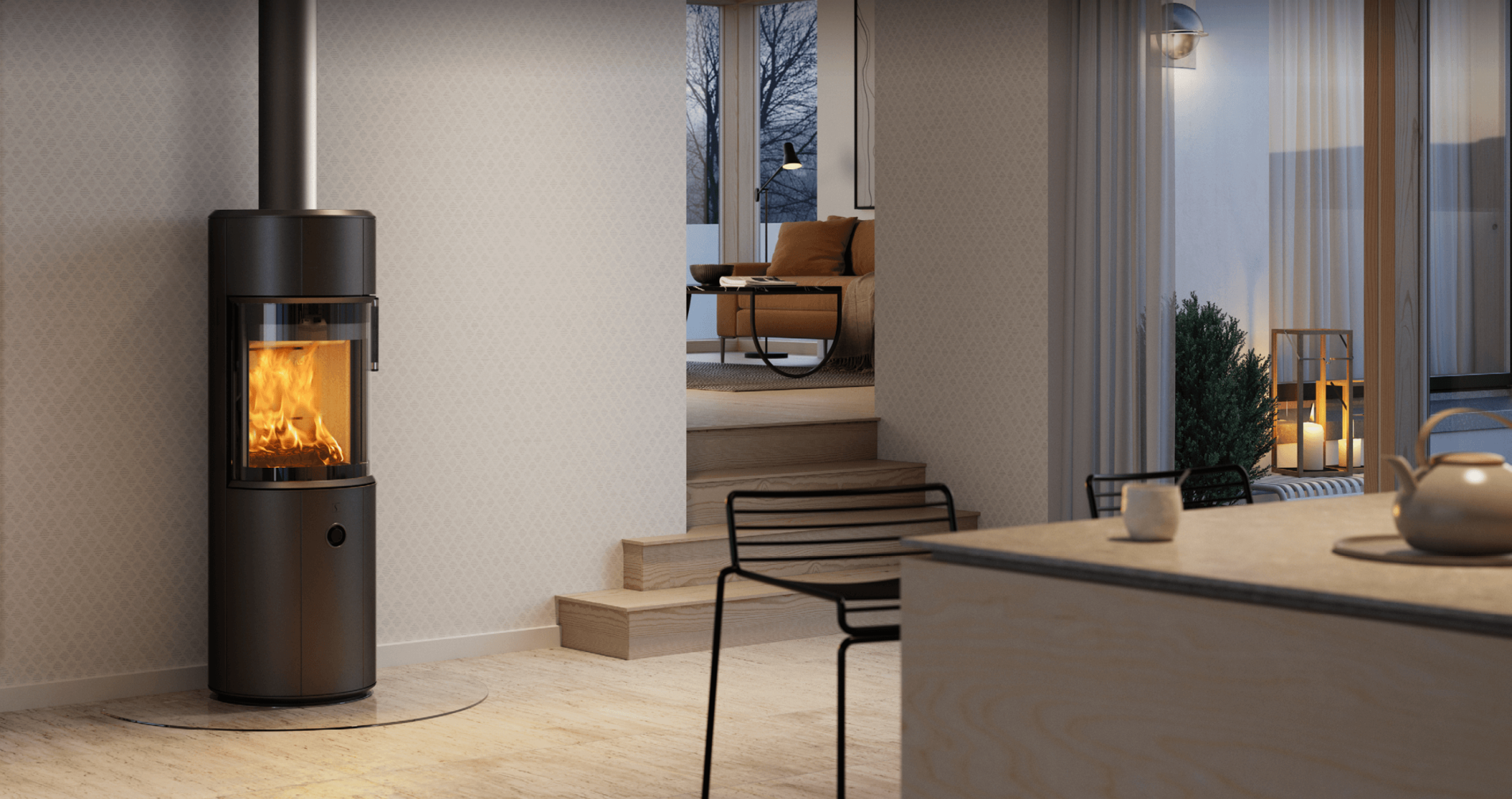 Sort rund brændeovn Scan 67-1300 i lyst skandinavisk køkkeninteriør