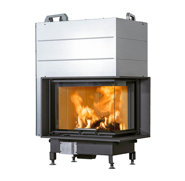 Rektangulær pejseindsats i sort stål Scan 5004 med løftelåge og glas på to sider og håndtag i børstet stål